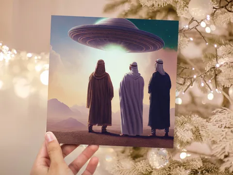 Spaceman Christmas Cards Funny Ironic Alien Came Travelling Three Wise Men Star of Bethlehem Fun Xmas Greetings Card For Family Friends 2026