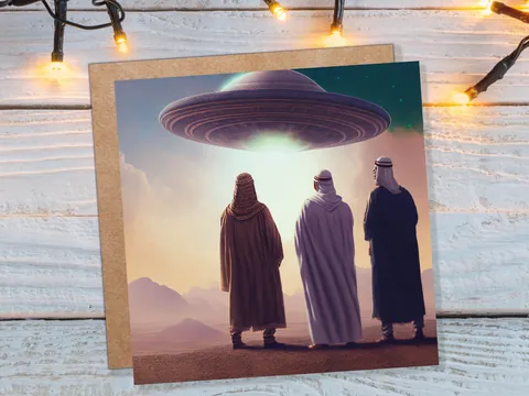 Spaceman Christmas Cards Funny Ironic Alien Came Travelling Three Wise Men Star of Bethlehem Fun Xmas Greetings Card For Family Friends 2026 - View 2
