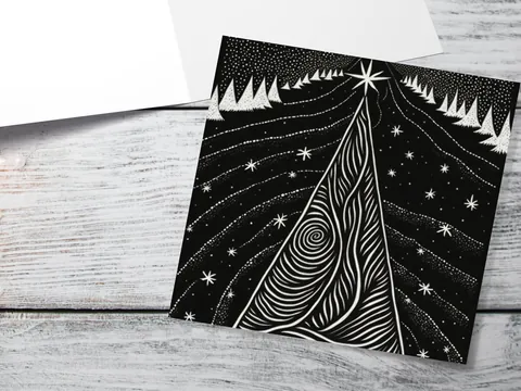 Black Christmas Tree Card Linocut Monochrome Magical Stars Starry Forest Snow Scene Snowy Night Sky Greetings For Family Friends Xmas 2026 - View 10