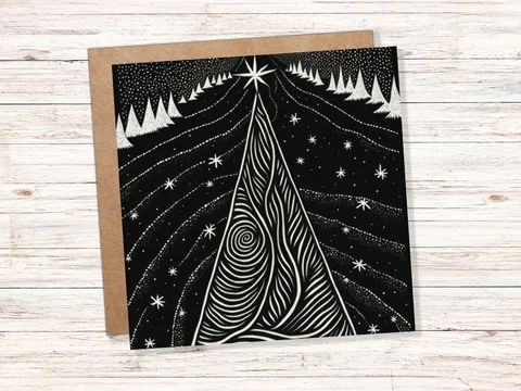 Black Christmas Tree Card Linocut Monochrome Magical Stars Starry Forest Snow Scene Snowy Night Sky Greetings For Family Friends Xmas 2026 - View 2