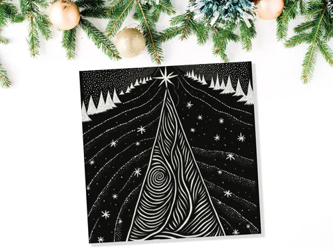 Black Christmas Tree Card Linocut Monochrome Magical Stars Starry Forest Snow Scene Snowy Night Sky Greetings For Family Friends Xmas 2026 - View 5