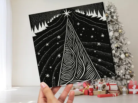 Black Christmas Tree Card Linocut Monochrome Magical Stars Starry Forest Snow Scene Snowy Night Sky Greetings For Family Friends Xmas 2026 - View 9