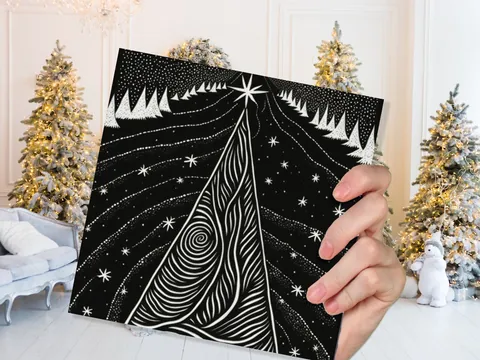 Black Christmas Tree Card Linocut Monochrome Magical Stars Starry Forest Snow Scene Snowy Night Sky Greetings For Family Friends Xmas 2026 - View 4