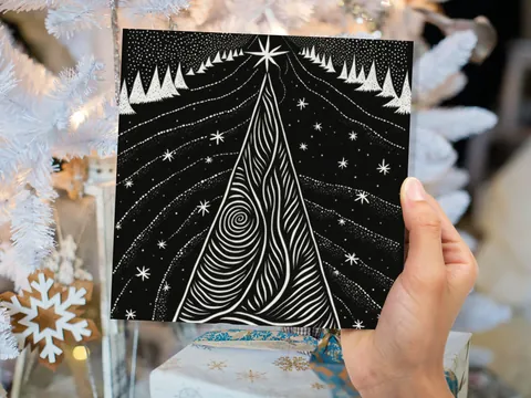 Black Christmas Tree Card Linocut Monochrome Magical Stars Starry Forest Snow Scene Snowy Night Sky Greetings For Family Friends Xmas 2026 - View 3