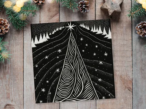 Black Christmas Tree Card Linocut Monochrome Magical Stars Starry Forest Snow Scene Snowy Night Sky Greetings For Family Friends Xmas 2026 - View 6