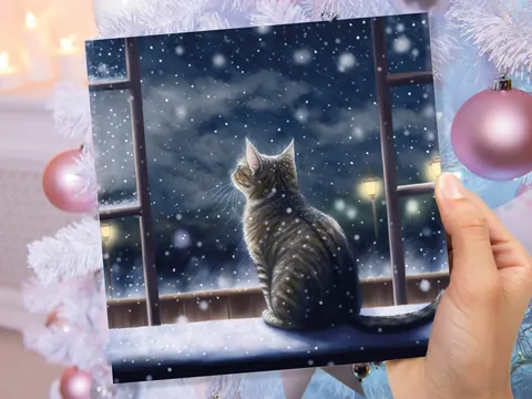 Cat Christmas Card Cute Kitten Watching Snow Fall Tabby Snowy Window Winter Night Scene Falling Whimsical Greetings Family Friends Xmas 2026 - View 8