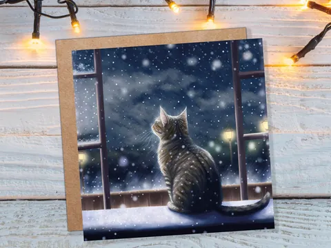 Cat Christmas Card Cute Kitten Watching Snow Fall Tabby Snowy Window Winter Night Scene Falling Whimsical Greetings Family Friends Xmas 2026 - View 2