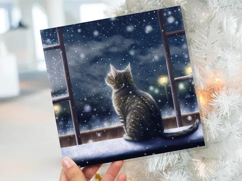 Cat Christmas Card Cute Kitten Watching Snow Fall Tabby Snowy Window Winter Night Scene Falling Whimsical Greetings Family Friends Xmas 2026
