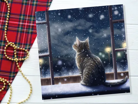 Cat Christmas Card Cute Kitten Watching Snow Fall Tabby Snowy Window Winter Night Scene Falling Whimsical Greetings Family Friends Xmas 2026 - View 6