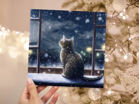 Cat Christmas Card Cute Kitten Watching Snow Fall Tabby Snowy Window Winter Night Scene Falling Whimsical Greetings Family Friends Xmas 2026 - View 3