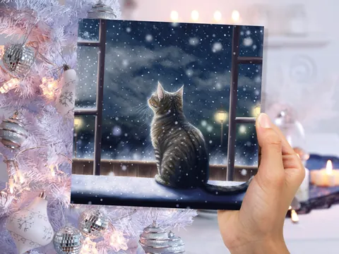 Cat Christmas Card Cute Kitten Watching Snow Fall Tabby Snowy Window Winter Night Scene Falling Whimsical Greetings Family Friends Xmas 2026 - View 4