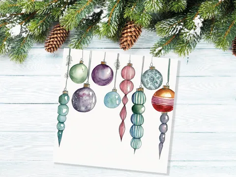Watercolour Baubles Christmas Card Hanging Decorations Green Red White Festive Pretty Simple Greetings Cards For Family Friends Xmas 2026 - View 5