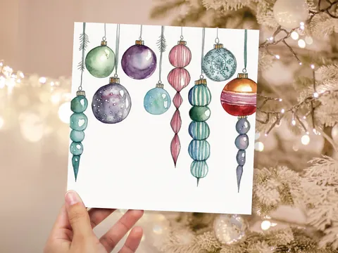 Watercolour Baubles Christmas Card Hanging Decorations Green Red White Festive Pretty Simple Greetings Cards For Family Friends Xmas 2026 - View 4