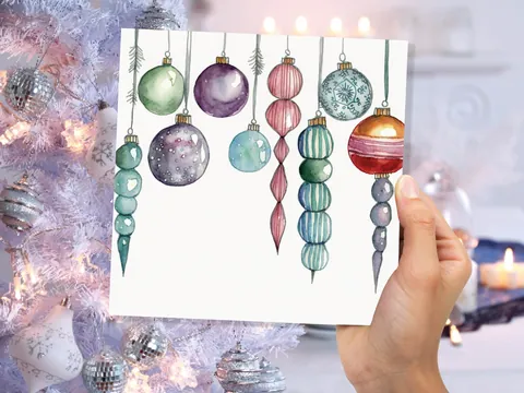 Watercolour Baubles Christmas Card Hanging Decorations Green Red White Festive Pretty Simple Greetings Cards For Family Friends Xmas 2026