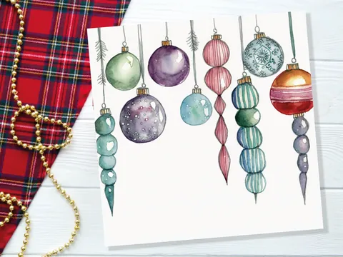 Watercolour Baubles Christmas Card Hanging Decorations Green Red White Festive Pretty Simple Greetings Cards For Family Friends Xmas 2026 - View 6