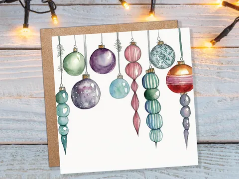 Watercolour Baubles Christmas Card Hanging Decorations Green Red White Festive Pretty Simple Greetings Cards For Family Friends Xmas 2026 - View 2