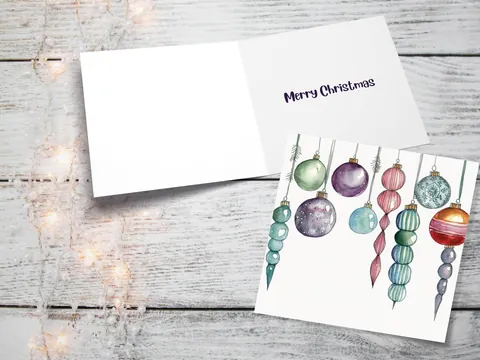 Watercolour Baubles Christmas Card Hanging Decorations Green Red White Festive Pretty Simple Greetings Cards For Family Friends Xmas 2026 - View 3