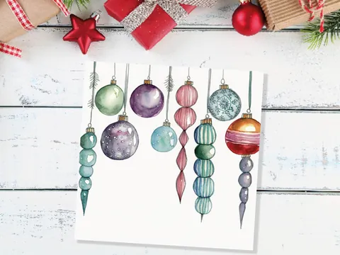 Watercolour Baubles Christmas Card Hanging Decorations Green Red White Festive Pretty Simple Greetings Cards For Family Friends Xmas 2026 - View 9