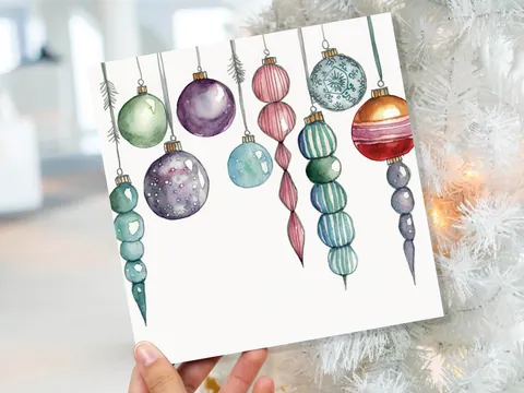 Watercolour Baubles Christmas Card Hanging Decorations Green Red White Festive Pretty Simple Greetings Cards For Family Friends Xmas 2026 - View 10