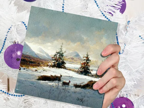 Snowy Scottish Deer Landscape Card - View 4