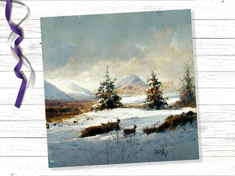 Snowy Scottish Deer Landscape Card - View 5