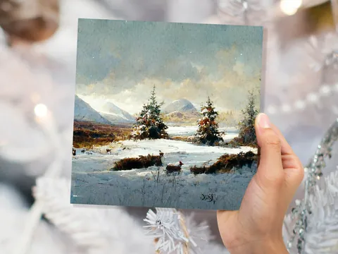 Snowy Scottish Deer Landscape Card - View 2