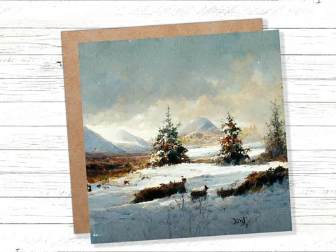 Snowy Scottish Deer Landscape Card - View 3
