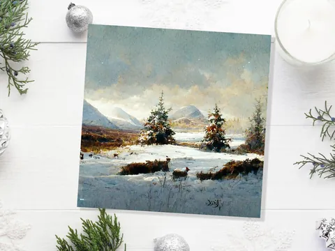Snowy Scottish Deer Landscape Card - View 6
