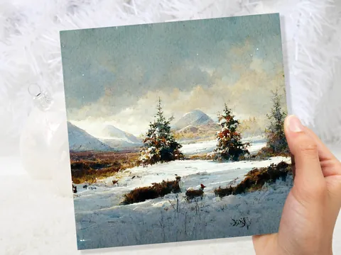 Snowy Scottish Deer Landscape Card