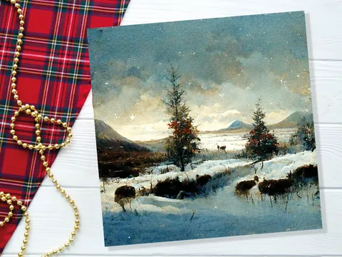 Winter Snow Scene Card with Snowy Landscape Mountains Scottish Glen Trees Painting Greetings Cards for Family Friends Christmas Thank You - View 2