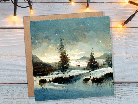 Winter Snow Scene Card with Snowy Landscape Mountains Scottish Glen Trees Painting Greetings Cards for Family Friends Christmas Thank You
