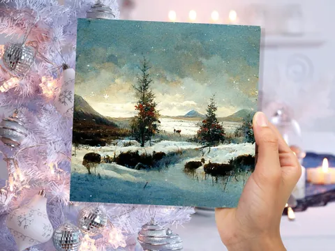 Winter Snow Scene Card with Snowy Landscape Mountains Scottish Glen Trees Painting Greetings Cards for Family Friends Christmas Thank You - View 4