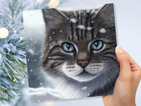 Beautiful Cat Christmas Card Grey Tabby Blue Eyes Watching Snow falling Tranquil Winter Scene Greetings Cards For Family Friends Xmas 2026 - View 7