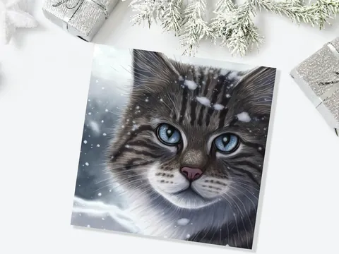 Beautiful Cat Christmas Card Grey Tabby Blue Eyes Watching Snow falling Tranquil Winter Scene Greetings Cards For Family Friends Xmas 2026 - View 4