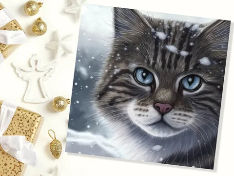 Beautiful Cat Christmas Card Grey Tabby Blue Eyes Watching Snow falling Tranquil Winter Scene Greetings Cards For Family Friends Xmas 2026 - View 5