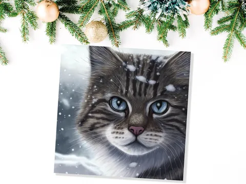 Beautiful Cat Christmas Card Grey Tabby Blue Eyes Watching Snow falling Tranquil Winter Scene Greetings Cards For Family Friends Xmas 2026 - View 8