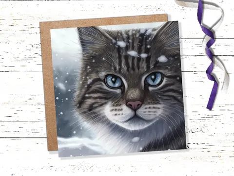 Beautiful Cat Christmas Card Grey Tabby Blue Eyes Watching Snow falling Tranquil Winter Scene Greetings Cards For Family Friends Xmas 2026 - View 2