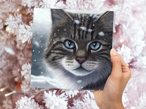 Beautiful Cat Christmas Card Grey Tabby Blue Eyes Watching Snow falling Tranquil Winter Scene Greetings Cards For Family Friends Xmas 2026 - View 3