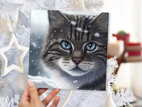 Beautiful Cat Christmas Card Grey Tabby Blue Eyes Watching Snow falling Tranquil Winter Scene Greetings Cards For Family Friends Xmas 2026