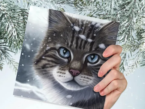 Beautiful Cat Christmas Card Grey Tabby Blue Eyes Watching Snow falling Tranquil Winter Scene Greetings Cards For Family Friends Xmas 2026 - View 6