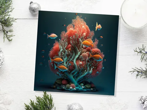 Ocean Christmas Tree Card Underwater Coral Scene Aqua Blue and Orange Sea Life Swim Fish Unique Greetings Cards For Family Friends Xmas 2026 - View 7