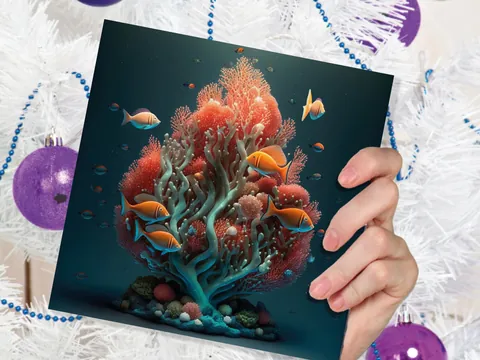 Ocean Christmas Tree Card Underwater Coral Scene Aqua Blue and Orange Sea Life Swim Fish Unique Greetings Cards For Family Friends Xmas 2026 - View 4