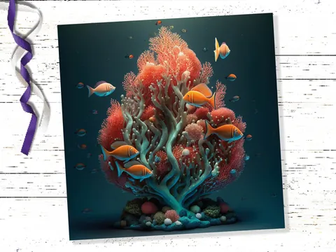 Ocean Christmas Tree Card Underwater Coral Scene Aqua Blue and Orange Sea Life Swim Fish Unique Greetings Cards For Family Friends Xmas 2026 - View 5