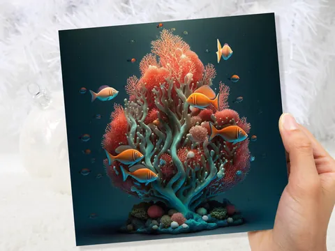 Ocean Christmas Tree Card Underwater Coral Scene Aqua Blue and Orange Sea Life Swim Fish Unique Greetings Cards For Family Friends Xmas 2026 - View 8