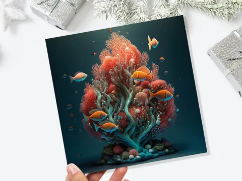 Ocean Christmas Tree Card Underwater Coral Scene Aqua Blue and Orange Sea Life Swim Fish Unique Greetings Cards For Family Friends Xmas 2026 - View 9