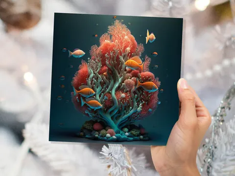 Ocean Christmas Tree Card Underwater Coral Scene Aqua Blue and Orange Sea Life Swim Fish Unique Greetings Cards For Family Friends Xmas 2026 - View 3