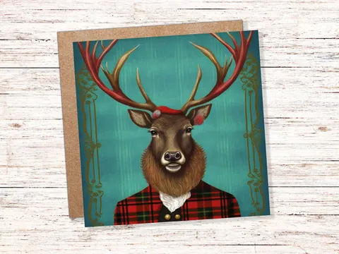 Dapper Deer Card – Teal and Red Tartan