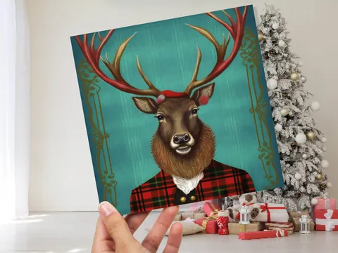 Dapper Deer Card – Teal and Red Tartan - View 9