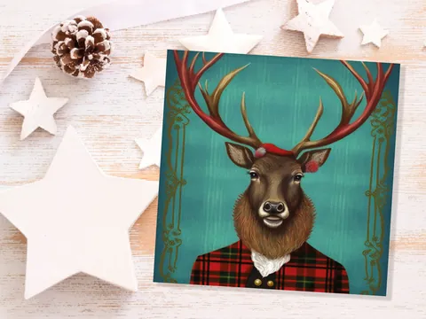Dapper Deer Card – Teal and Red Tartan - View 8