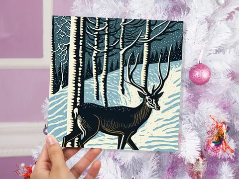 Linocut Deer Card Winter Snowy Woodland Illustration Blue White Black Landscape Snow Scene Greetings For Family Friends Xmas 2026 Thank You - View 4